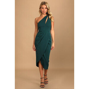 Lulus So Flirty Hunter Green One-shoulder Cutout Asymmetrical Dress - Size M
